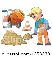 Cartoon Caucasian Male Construction Worker Shoveling With A Cone And Concrete Mixer