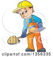 Cartoon Caucasian Male Construction Worker Shoveling