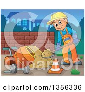 Cartoon Caucasian Male Construction Worker Shoveling Sand By A Concrete Mixer