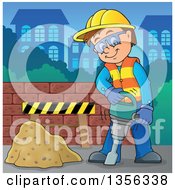 Poster, Art Print Of Cartoon Caucasian Male Construction Worker Using A Jackhammer In A City
