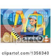 Poster, Art Print Of Cartoon Caucasian Male Construction Worker Operating An Excavator In The City