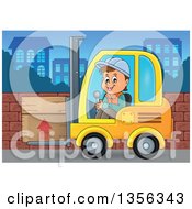 Poster, Art Print Of Cartoon Caucasian Male Construction Worker Moving A Box On A Forklift