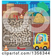 Poster, Art Print Of Cartoon Caucasian Male Construction Worker Operating A Forklift On A Maze Game