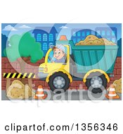 Poster, Art Print Of Cartoon Caucasian Male Construction Worker Moving A Load Of Sand In A Dump Truck In The City