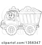 Poster, Art Print Of Cartoon Black And White Male Construction Worker Moving A Load Of Sand In A Dump Truck