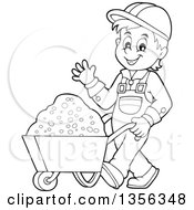 Clipart Of A Cartoon Black And White Construction Worker Moving Sand In A Wheelbarrow Royalty Free Vector Illustration by visekart