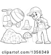 Cartoon Black And White Male Construction Worker Shoveling With A Cone And Concrete Mixer