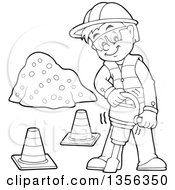 Poster, Art Print Of Cartoon Black And White Male Construction Worker Using A Jackhammer