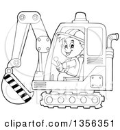 Poster, Art Print Of Cartoon Black And White Male Construction Worker Operating An Excavator