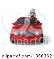 3d Young Male Roman Legionary Soldier Wearing Sunglasses And Driving A Red Convertible Car On A White Background