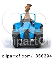 Clipart Of A 3d Brown Horse Operating A Blue Tractor On A White Background Royalty Free Illustration