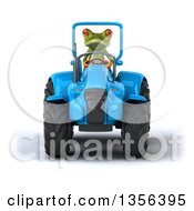 Clipart Of A 3d Green Springer Frog Operating A Blue Tractor On A White Background Royalty Free Illustration