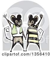 Clipart Of A Woodcut Mice Couple Holding Hands And Waving Over Gray Royalty Free Vector Illustration by xunantunich