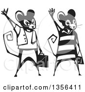 Poster, Art Print Of Black And White Woodcut Mice Business Couple Holding Briefcases And A Purse And Waving
