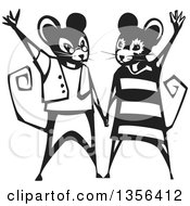 Poster, Art Print Of Black And White Woodcut Mice Couple Holding Hands And Waving