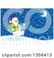 Poster, Art Print Of Christmas Snowman Carrying Gifts And Walking On A Snowy Night