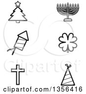 Poster, Art Print Of Black And White Lineart Christmas Hanukkah Fourth Of July St Patricks Day Easter And New Year Or Birthday Holiday Icons