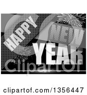 Clipart Of A Grayscale Happy New Year Background With Fireworks And Metal Strips Royalty Free Vector Illustration
