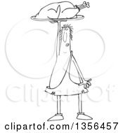 Outline Clipart Of A Cartoon Black And White Caveman Holding Up A Roasted Turkey On A Platter Royalty Free Lineart Vector Illustration