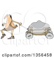 Cartoon Caveman Pulling A Boulder On A Cart