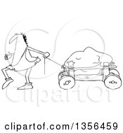 Outline Clipart Of A Cartoon Black And White Caveman Pulling A Boulder On A Cart Royalty Free Lineart Vector Illustration by djart