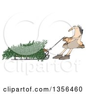 Poster, Art Print Of Cartoon Caveman Pulling A Christmas Tree On A Sled