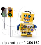 3d Happy Yellow Retro Robot Glancing At Green Pedestrian Traffic Lights On A White Background