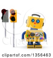 3d Surprised Yellow Retro Robot Looking Up At Red Pedestrian Traffic Lights On A White Background