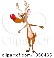 Clipart Of A Cartoon Red Nosed Christmas Reindeer Standing Upright On His Hind Legs Royalty Free Vector Illustration