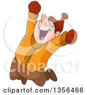 Clipart Of A Cartoon Caucasian Man Jumping Happily In The Winter Royalty Free Vector Illustration
