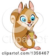 Poster, Art Print Of Cartoon Happy Blue Eyed Squirrel Holding An Acorn Nut