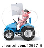 Clipart Of A 3d French Pig Holding A Blank Sign And Operating A Blue Tractor On A White Background Royalty Free Illustration
