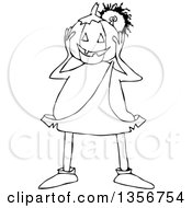 Clipart Of A Cartoon Black And White Caveman Holding A Halloween Jackolantern Pumpkin In Front Of His Face Royalty Free Vector Illustration