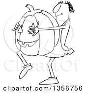 Clipart Of A Cartoon Black And White Caveman Carrying A Large Halloween Jackolantern Pumpkin Royalty Free Vector Illustration