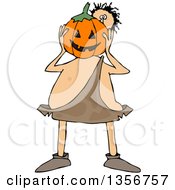 Poster, Art Print Of Cartoon Caveman Holding A Halloween Jackolantern Pumpkin In Front Of His Face