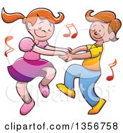 Poster, Art Print Of Cartoon Caucasian Boy And Girl Dancing Together With Music Notes