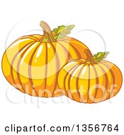 Clipart Of Two Round Pumpkins With Leaves Royalty Free Vector Illustration