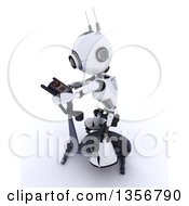 Poster, Art Print Of 3d Futuristic Robot Exercising On A Stationary Bike On A Shaded White Background