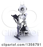 Clipart Of A 3d Futuristic Robot Exercising On A Stationary Bike On A Shaded White Background Royalty Free Illustration