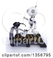 Poster, Art Print Of 3d Futuristic Robot Exercising On A Treadmill On A Shaded White Background