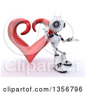 Poster, Art Print Of 3d Futuristic Robot Presenting And Leaning On A Red Heart On A Shaded White Background