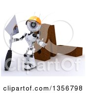 Poster, Art Print Of 3d Futuristic Robot Mason Construction Worker Holding A Trowel And Presenting By Giant Bricks On A Shaded White Background