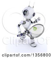 Clipart Of A 3d Futuristic Robot Playing Tennis On A Shaded White Background Royalty Free Illustration