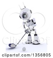 Clipart Of A 3d Futuristic Robot Golfing On A Shaded White Background Royalty Free Illustration