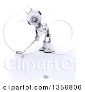 Clipart Of A 3d Futuristic Robot Golfing On A Shaded White Background Royalty Free Illustration