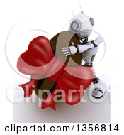 Poster, Art Print Of 3d Futuristic Robot Hugging A Giant Chocolate Easter Egg On A Shaded White Background