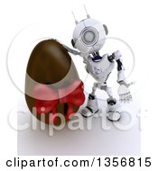 Poster, Art Print Of 3d Futuristic Robot Presenting A Giant Chocolate Easter Egg On A Shaded White Background