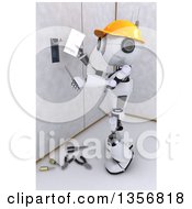 3d Futuristic Robot Installing An Electrical Socket On A Shaded White Background