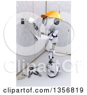 3d Futuristic Robot Installing An Electrical Socket On A Shaded White Background