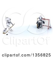 Clipart Of 3d Futuristic Robots Playing Ice Hockey On A Shaded White Background Royalty Free Illustration
